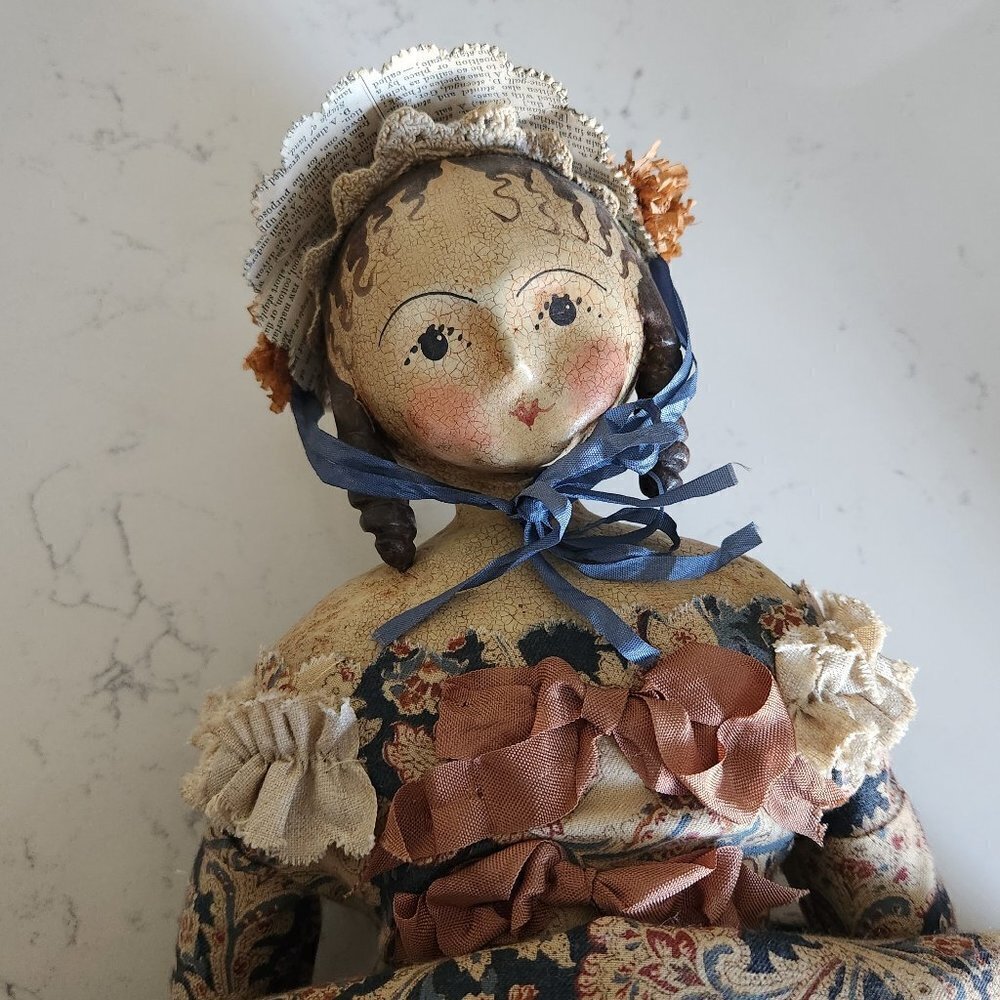 Nicol Sayre Handcrafted Folk Art Doll w/blue ribbon hat